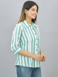Womens Green Regular Fit Striped Cotton Spread Collar Casual Shirt