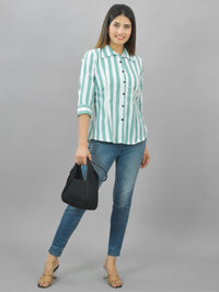 Womens Green Regular Fit Striped Cotton Spread Collar Casual Shirt