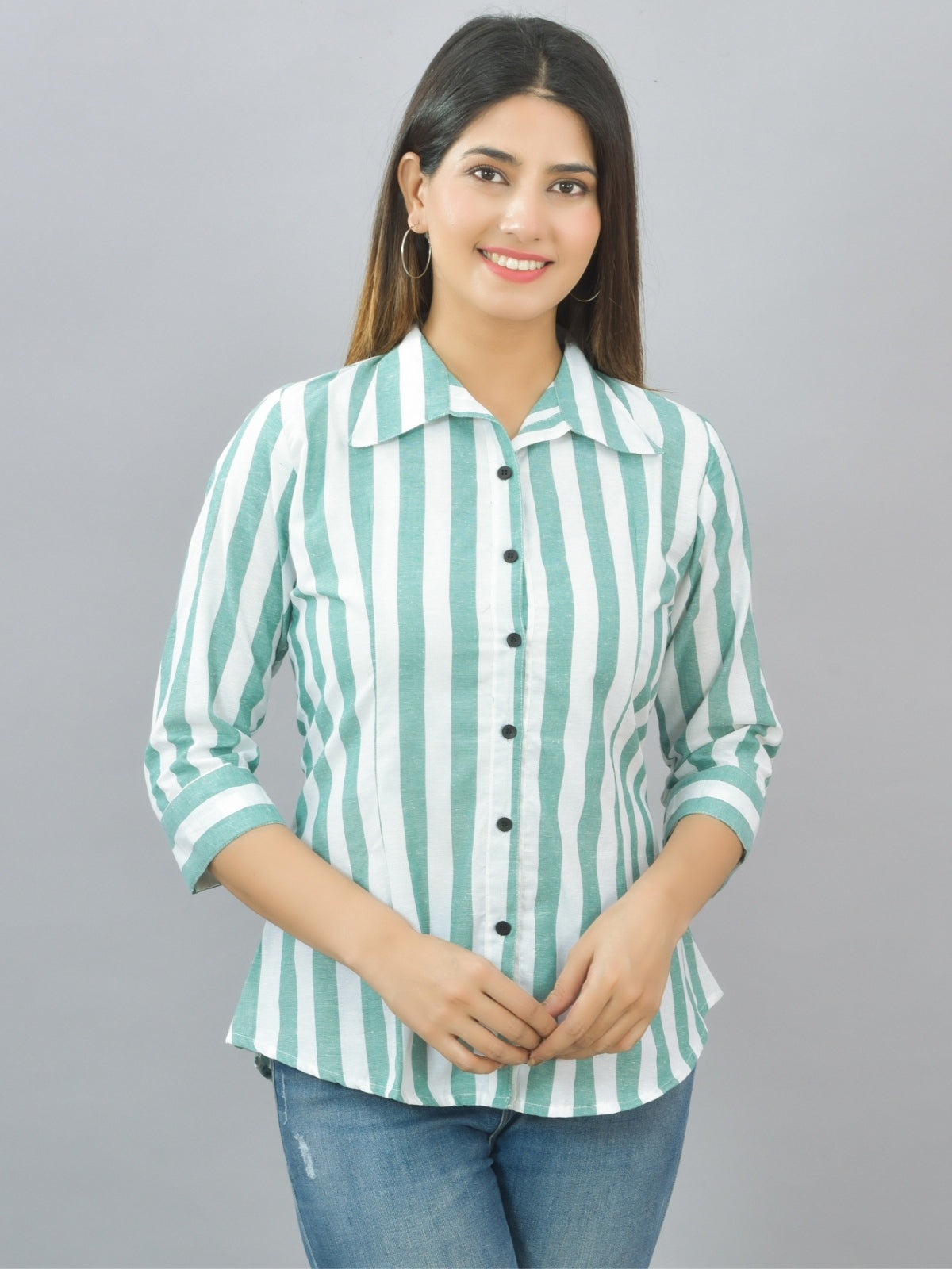 Pack Of 2 Womens Green And Pink Spread Collar Striped Shirt Combo