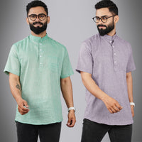 Pack Of 2 Mens Regular Fit Green And Purple Half Sleeve Cotton Short Kurta Combo