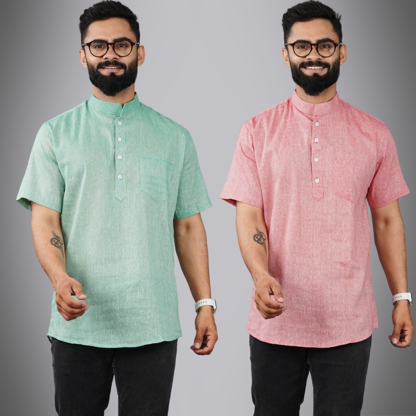 Pack Of 2 Mens Regular Fit Green And Red Half Sleeve Cotton Short Kurta Combo