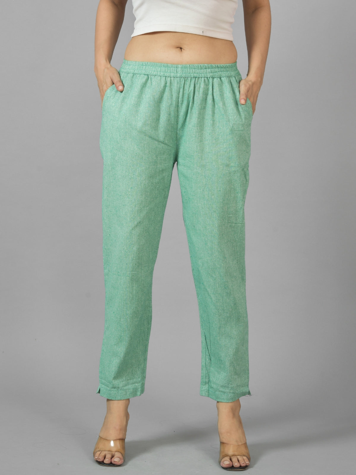 Pack Of 2 Womens Denim Blue and Green Fully Elastic Cotton Trousers
