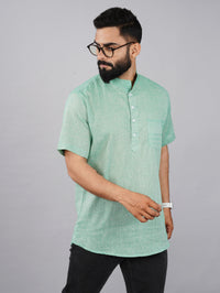 Mens Cotton Regular Fit Green Solid Short Kurta