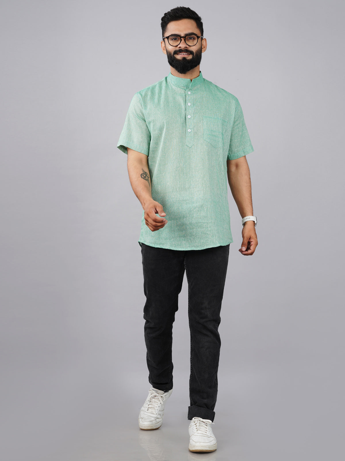 Mens Cotton Regular Fit Green Solid Short Kurta