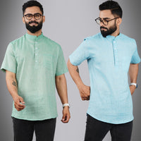 Pack Of 2 Mens Regular Fit Green And Sky Blue Half Sleeve Cotton Short Kurta Combo