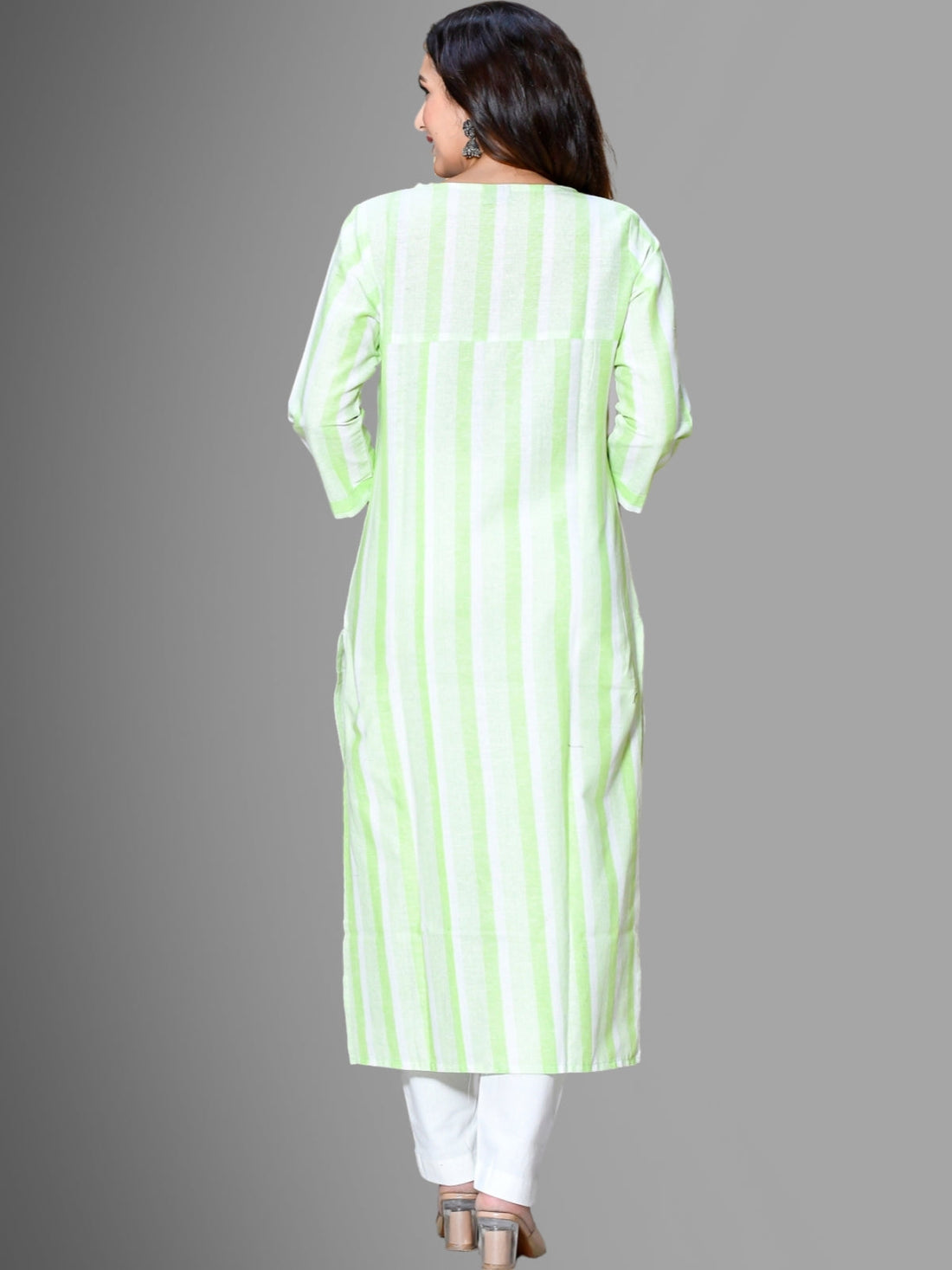 Womens Green South Cotton Patta Striped Kurta