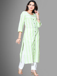 Womens Green South Cotton Patta Striped Kurta