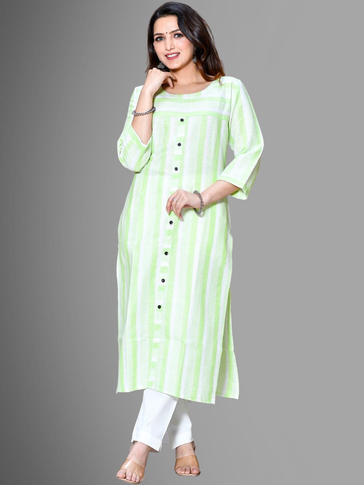 Womens Green South Cotton Patta Striped Kurta