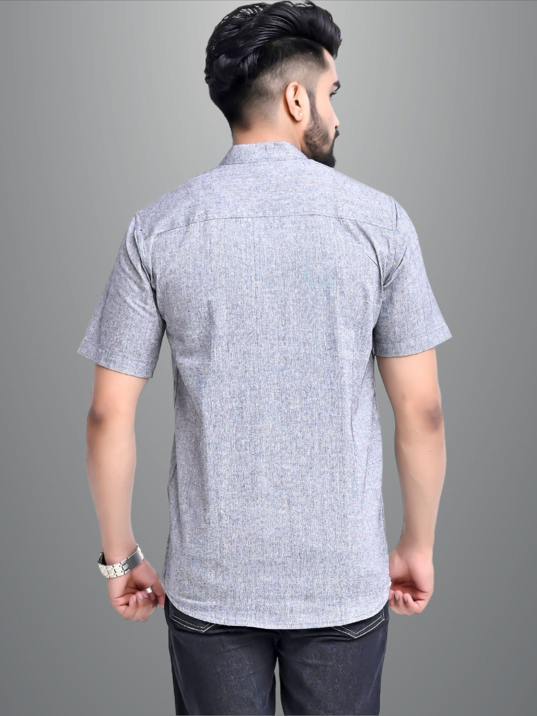 Mens Solid Grey Khadi Cotton Short Kurta