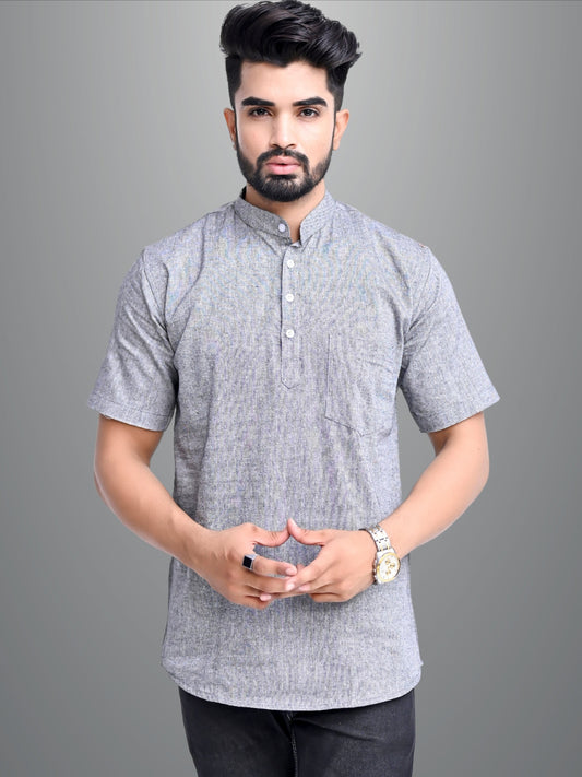 Mens Solid Grey Khadi Cotton Short Kurta