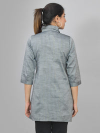 Womens Grey Lurex Striped Spread Collar Short Kurti