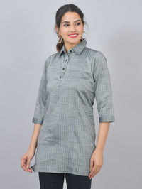 Womens Grey Lurex Striped Spread Collar Short Kurti