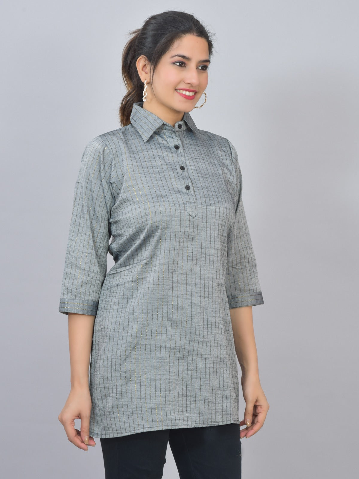 Womens Grey Lurex Striped Spread Collar Short Kurti