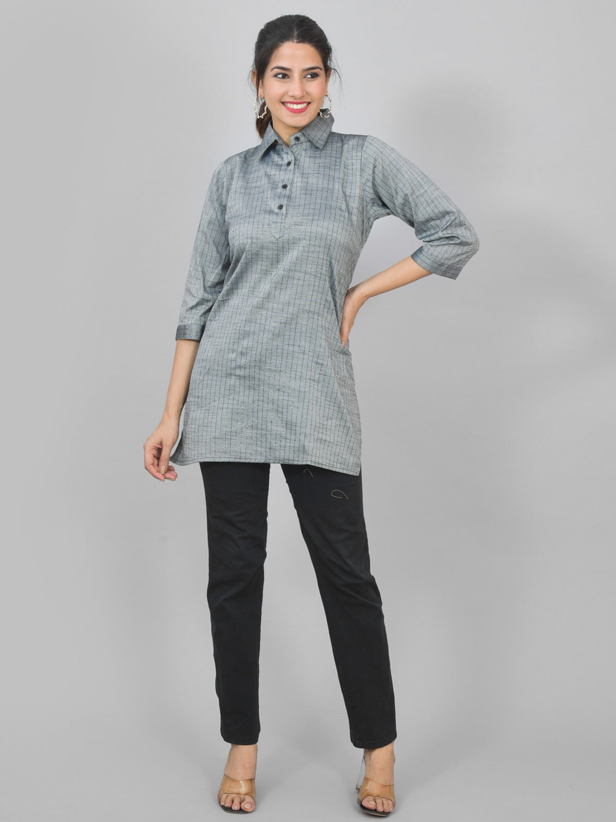 Womens Grey Lurex Striped Spread Collar Short Kurti