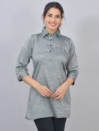 Womens Grey Lurex Striped Spread Collar Short Kurti