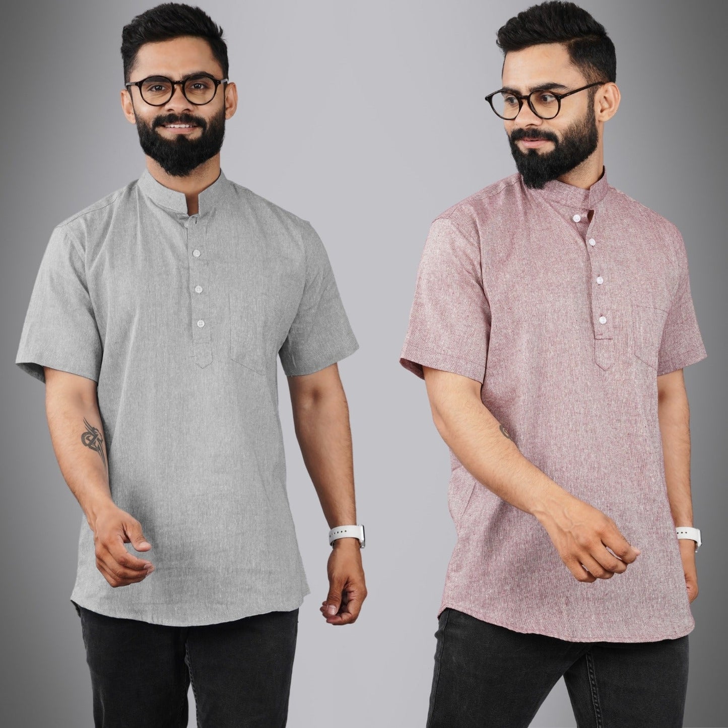 Pack Of 2 Mens Regular Fit Grey And Magenta Half Sleeve Cotton Short Kurta Combo