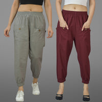 Combo Pack Of Womens Grey And Maroon Four Pocket Cotton Cargo Pants