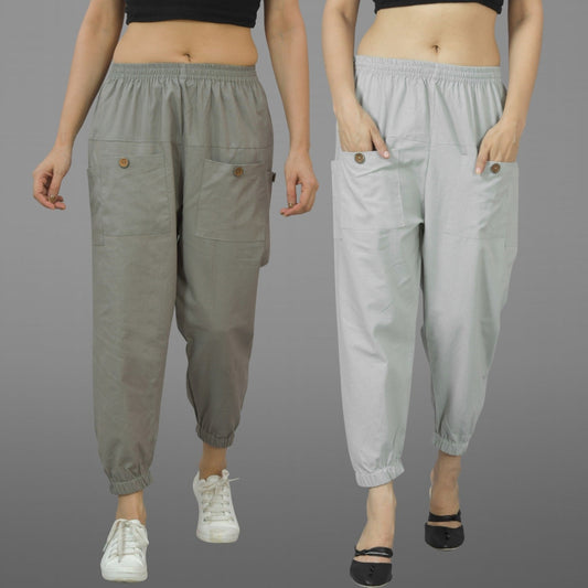 Combo Pack Of Womens Grey And Melange Grey Four Pocket Cotton Cargo Pants