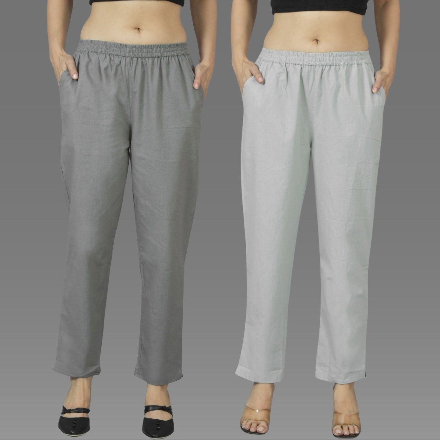 Pack Of 2 Womens Grey And Melange Grey Deep Pocket Fully Elastic Cotton Trouser