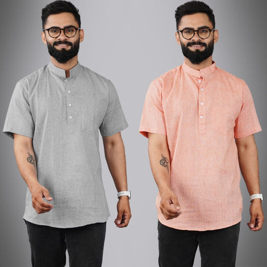 Pack Of 2 Mens Regular Fit Grey And Orange Half Sleeve Cotton Short Kurta Combo