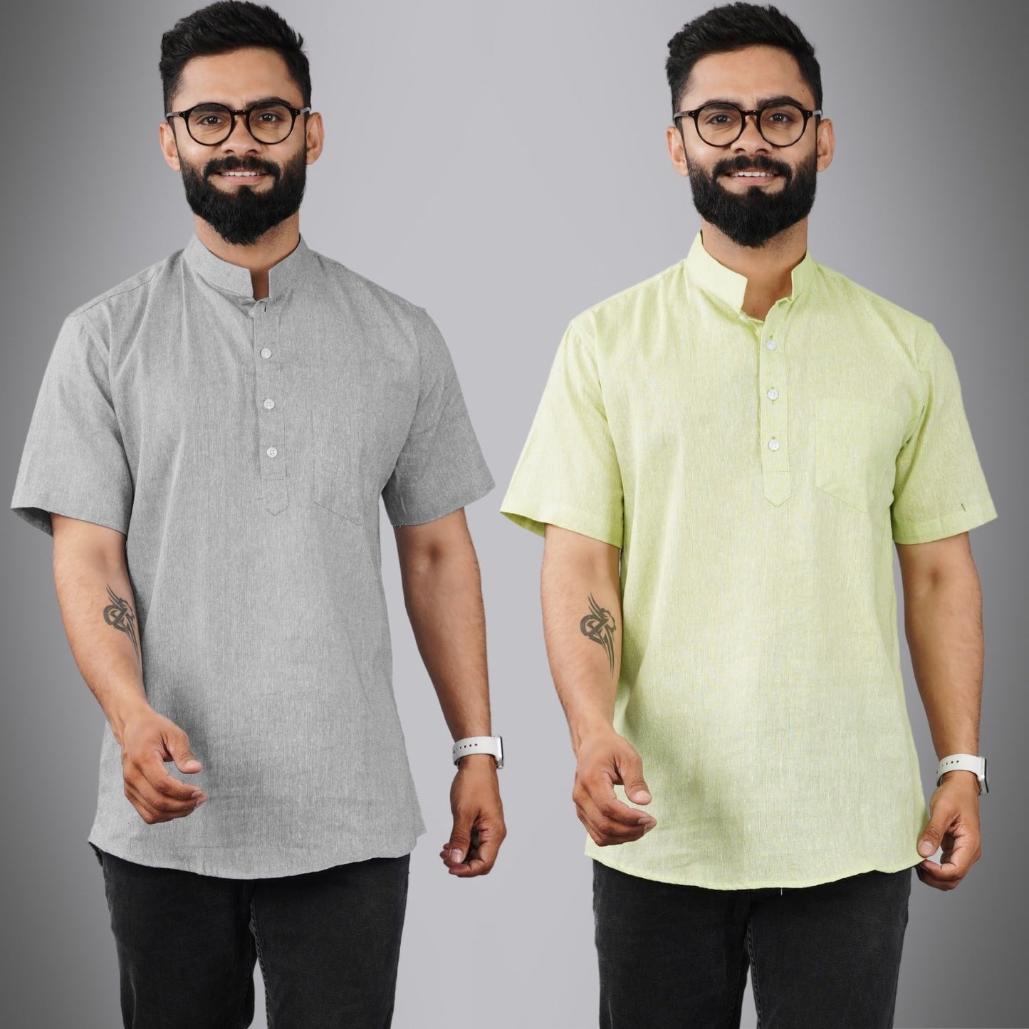 Pack Of 2 Mens Regular Fit Grey And Parrot Green Half Sleeve Cotton Short Kurta Combo