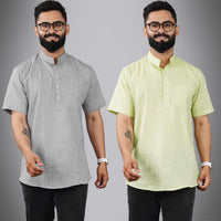 Pack Of 2 Mens Regular Fit Grey And Parrot Green Half Sleeve Cotton Short Kurta Combo