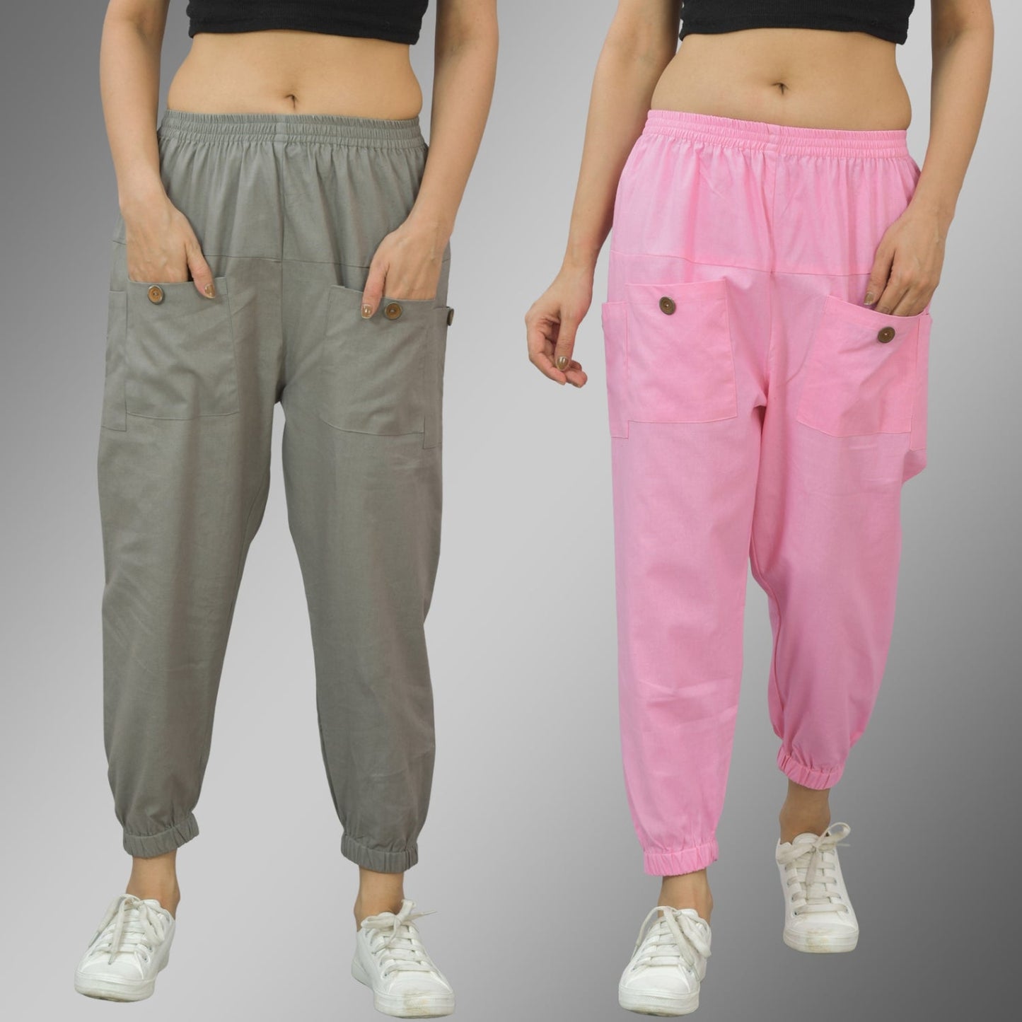 Combo Pack Of Womens Grey And Pink Four Pocket Cotton Cargo Pants