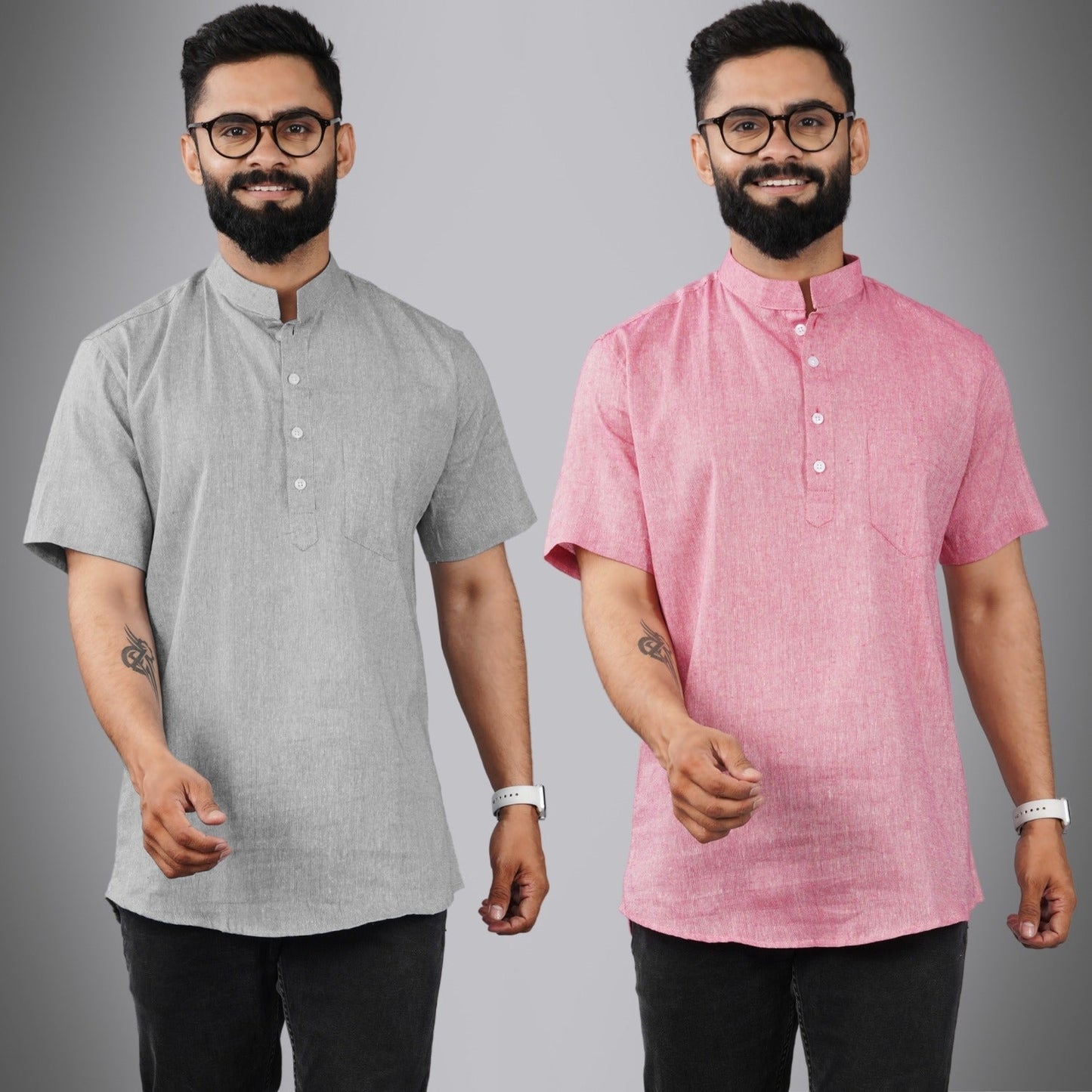 Pack Of 2 Mens Regular Fit Grey And Pink Half Sleeve Cotton Short Kurta Combo