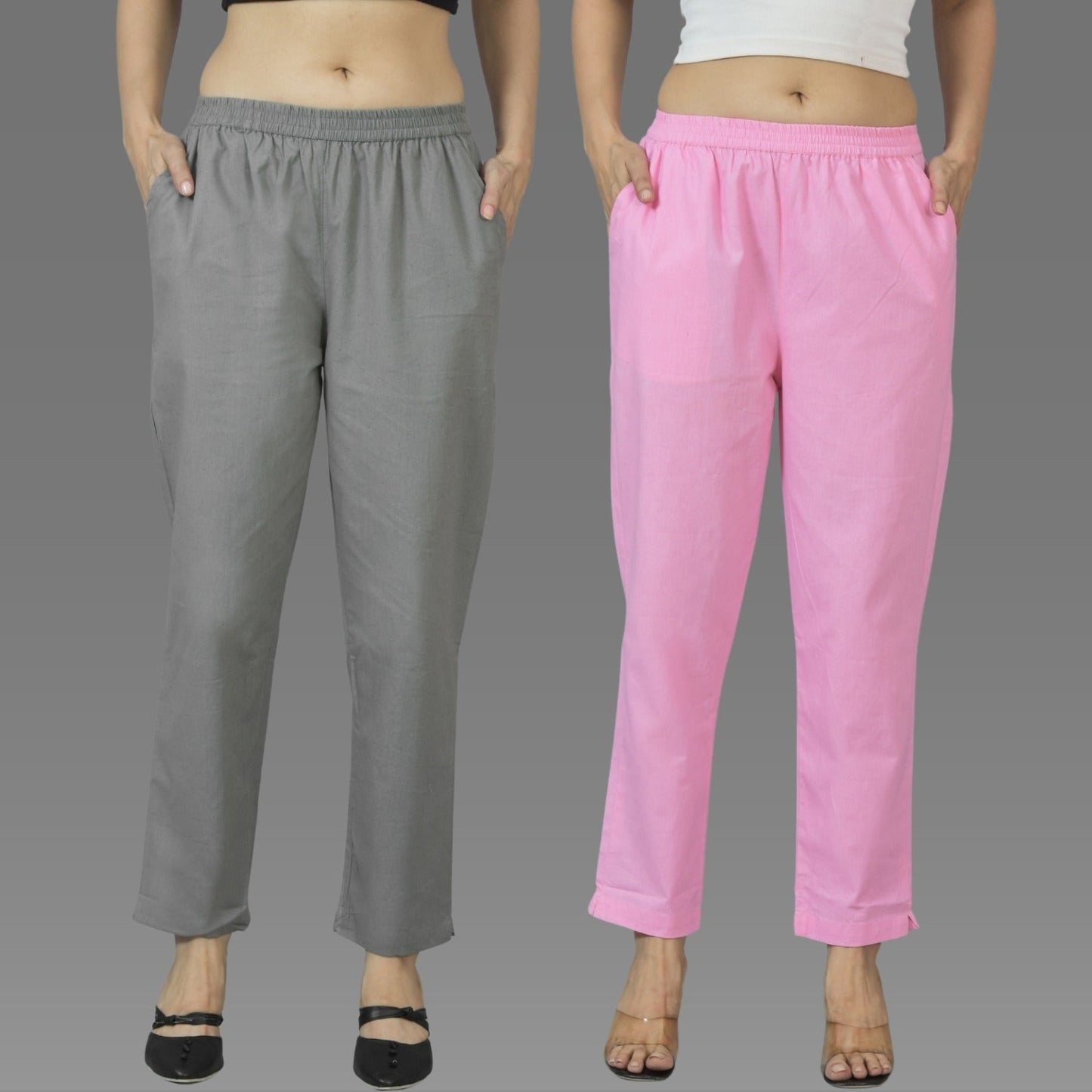 Pack Of 2 Womens Grey And Pink Deep Pocket Fully Elastic Cotton Trouser