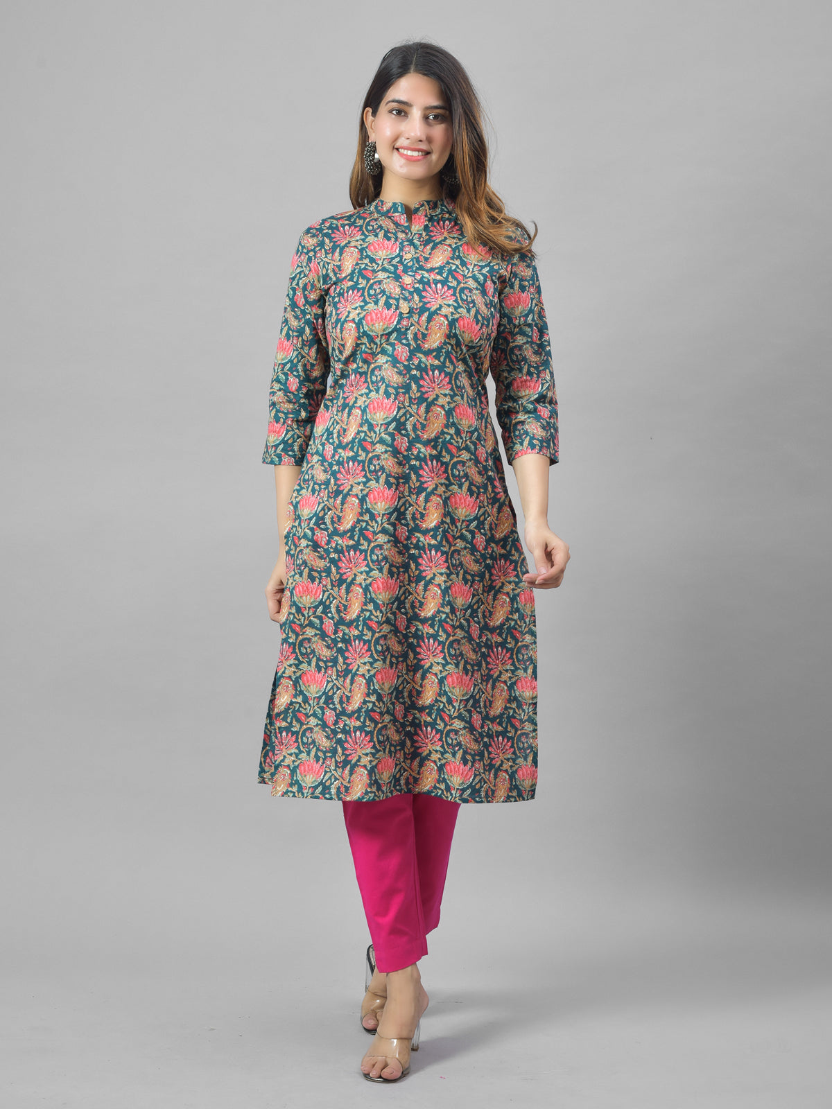 Women Grey Cambric Cotton Floral Printed Kurti