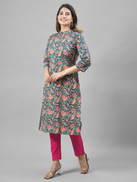 Women Grey Cambric Cotton Floral Printed Kurti