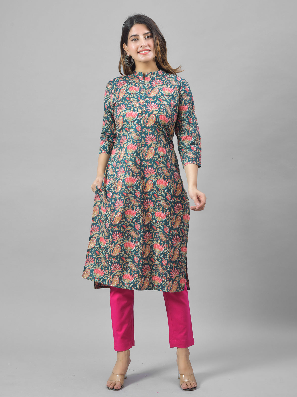 Women Grey Cambric Cotton Floral Printed Kurti