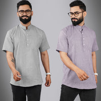 Pack Of 2 Mens Regular Fit Grey And Purple Half Sleeve Cotton Short Kurta Combo