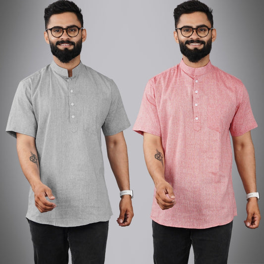 Pack Of 2 Mens Regular Fit Grey And Red Half Sleeve Cotton Short Kurta Combo