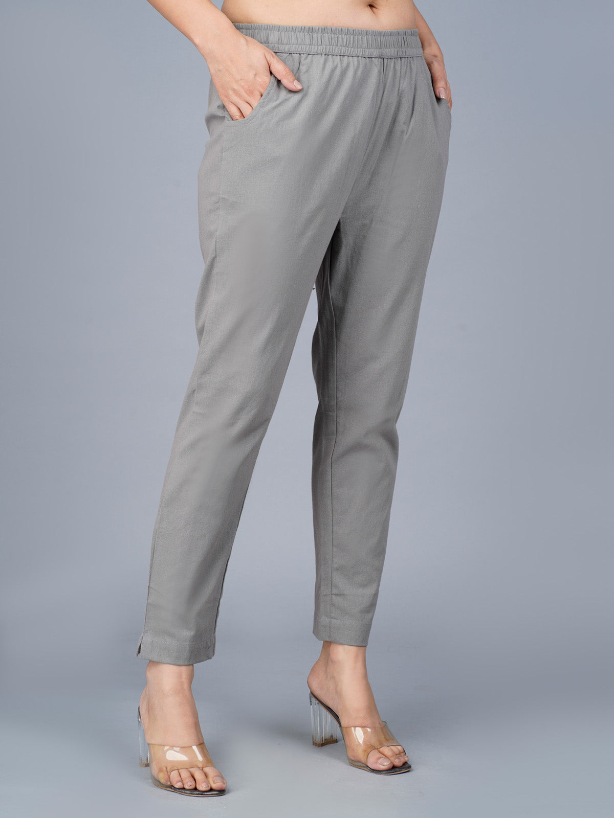 Women's Grey Regular Fit Elastic Cotton Trouser