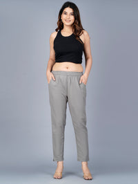 Women's Grey Regular Fit Elastic Cotton Trouser