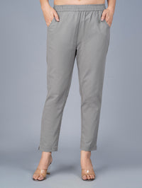 Women's Grey Regular Fit Elastic Cotton Trouser