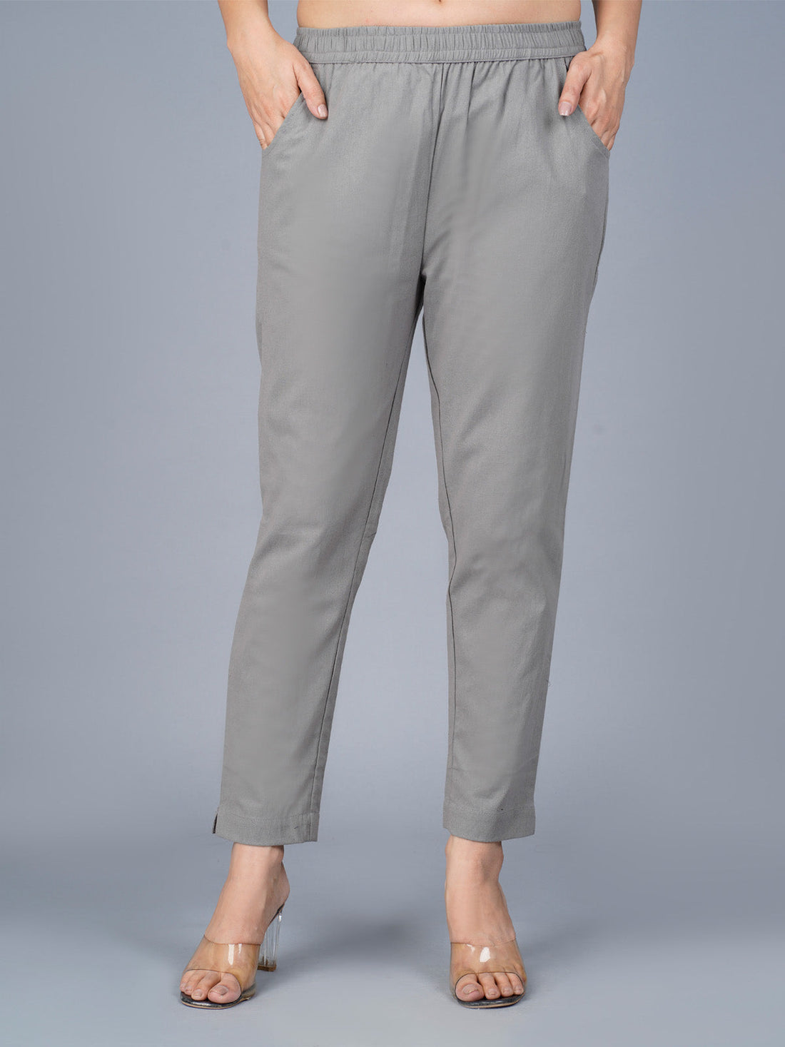 Pack Of 2 Womens Regular Fit Grey And White Fully Elastic Waistband Cotton Trouser