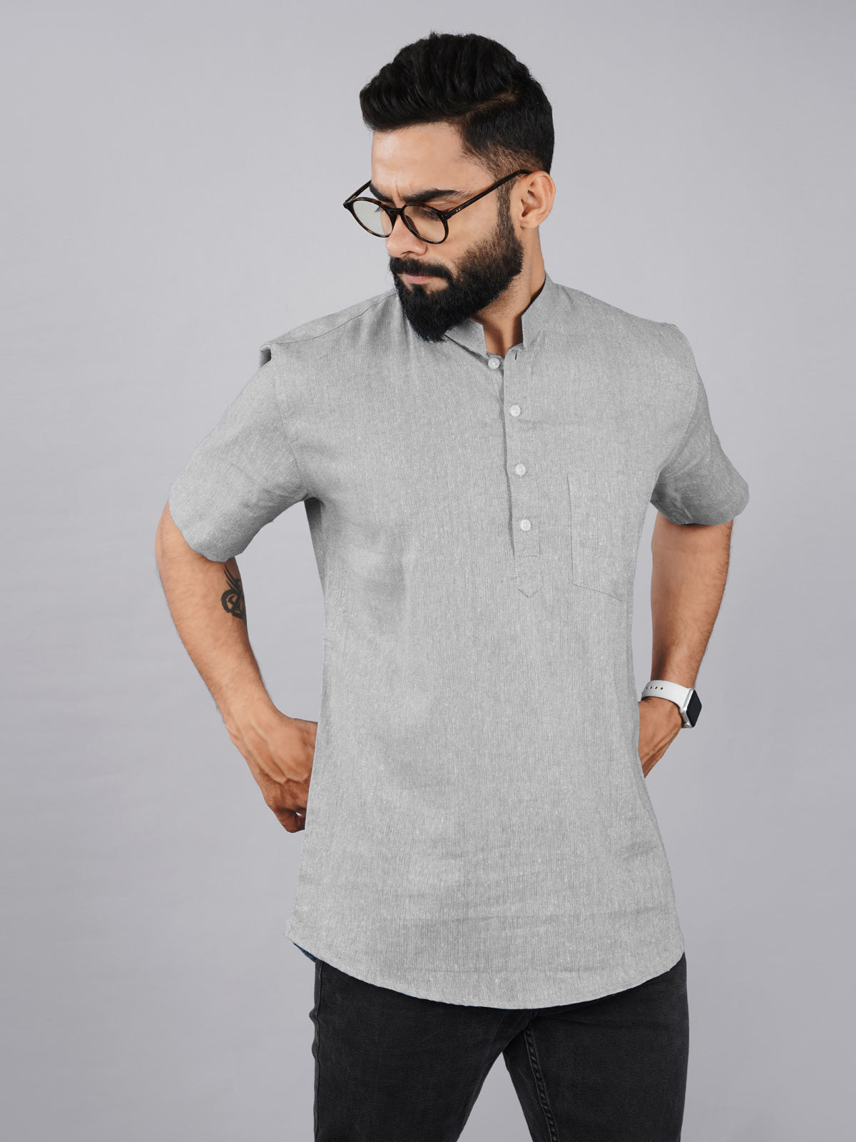 Mens Cotton Regular Fit Grey Solid Short Kurta