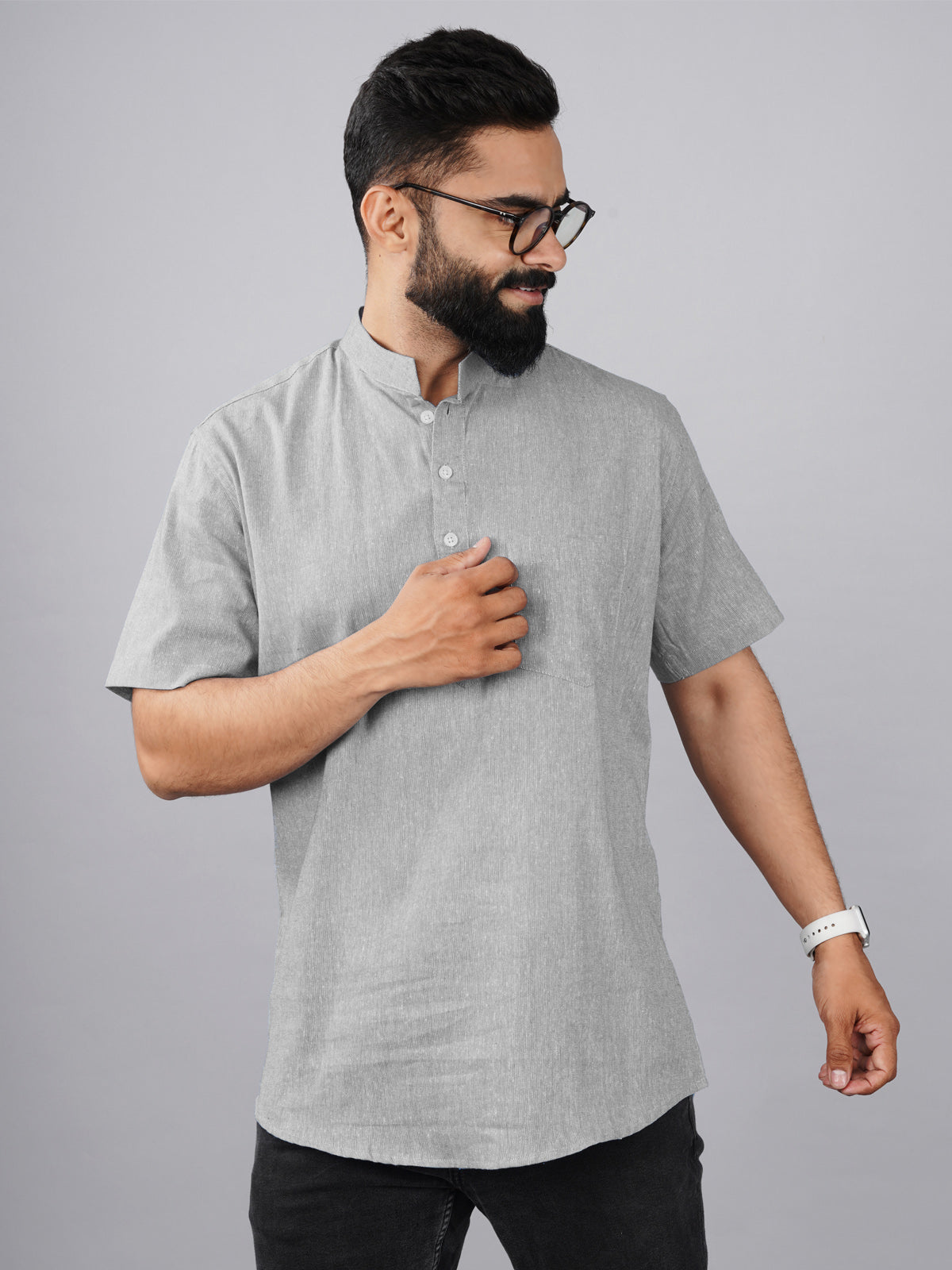 Mens Cotton Regular Fit Grey Solid Short Kurta