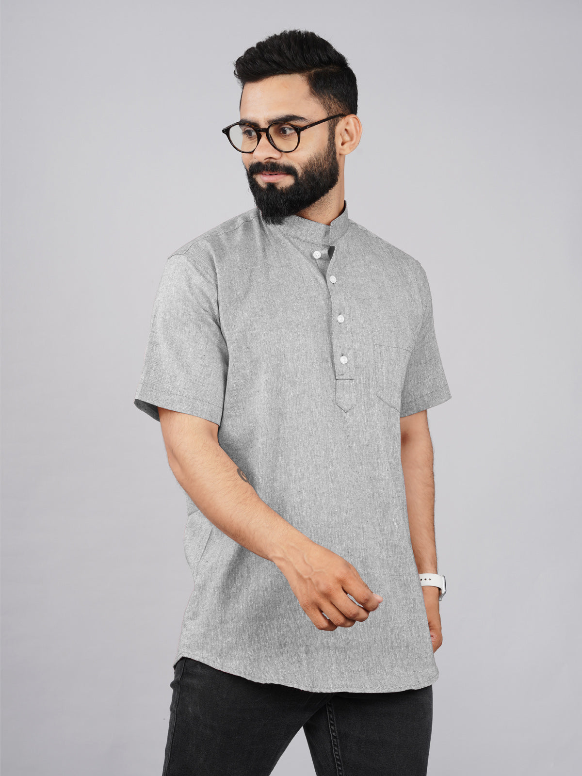 Mens Cotton Regular Fit Grey Solid Short Kurta