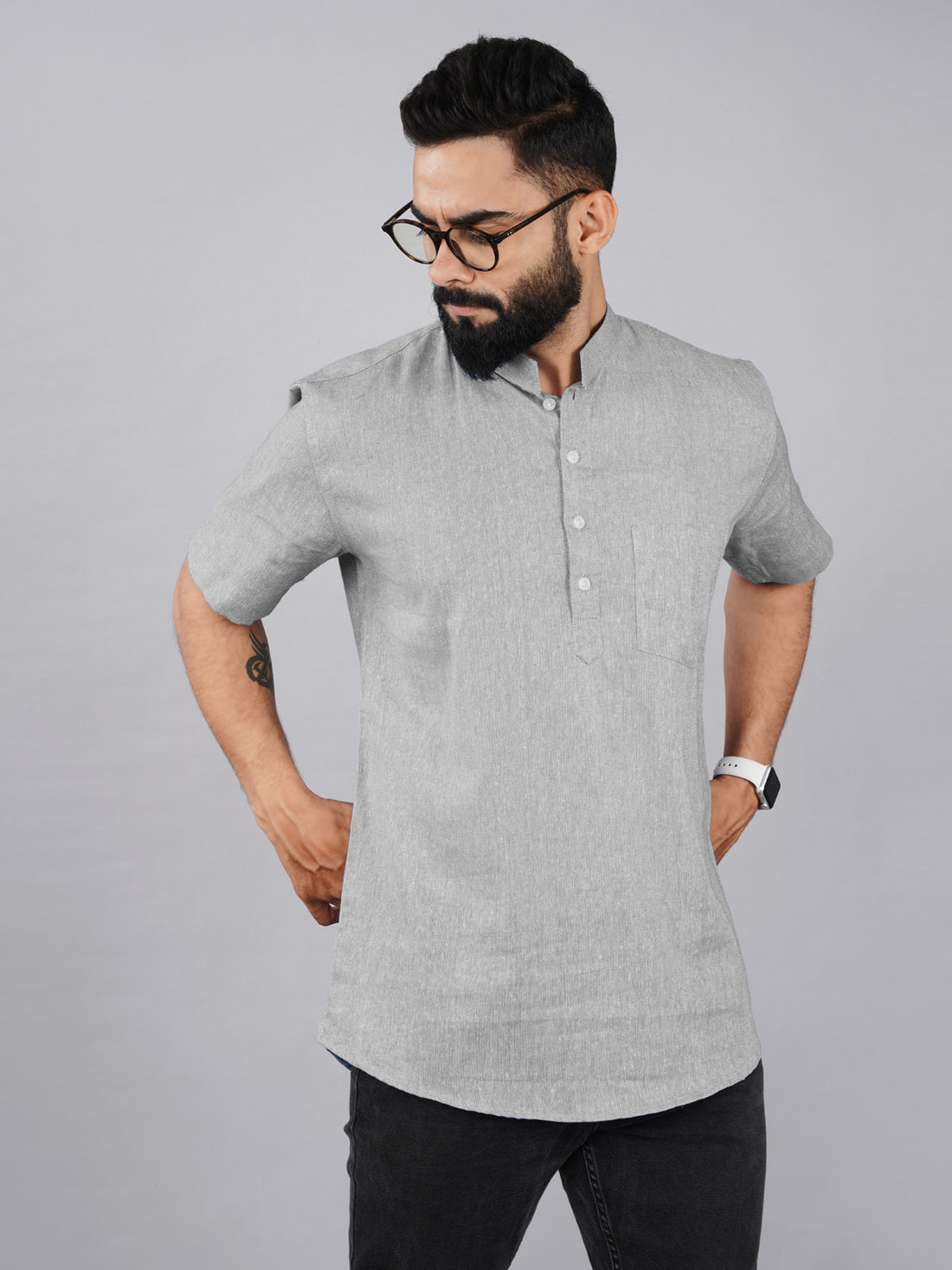 Pack Of 2 Mens Regular Fit Grey And Pink Half Sleeve Cotton Short Kurta Combo