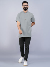 Mens Regular Fit Solid Grey Cotton Straight Short Kurta