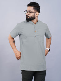 Mens Regular Fit Solid Grey Cotton Straight Short Kurta