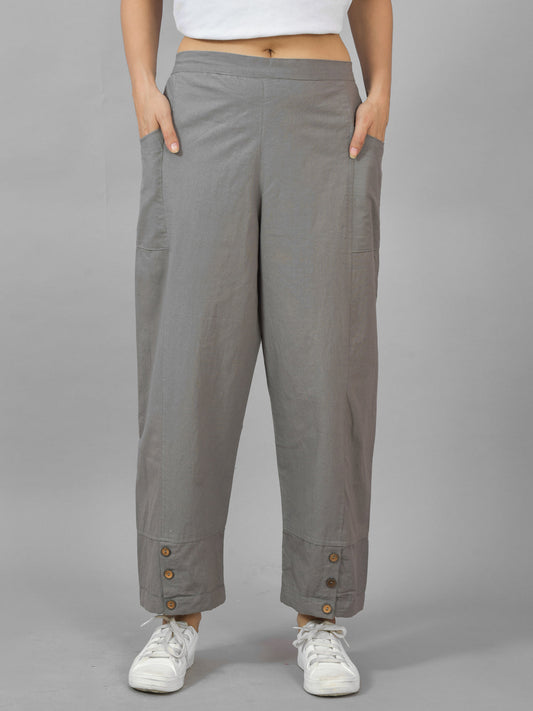 Womens Grey Side Pocket Pure Cotton Straight Cargo Pant