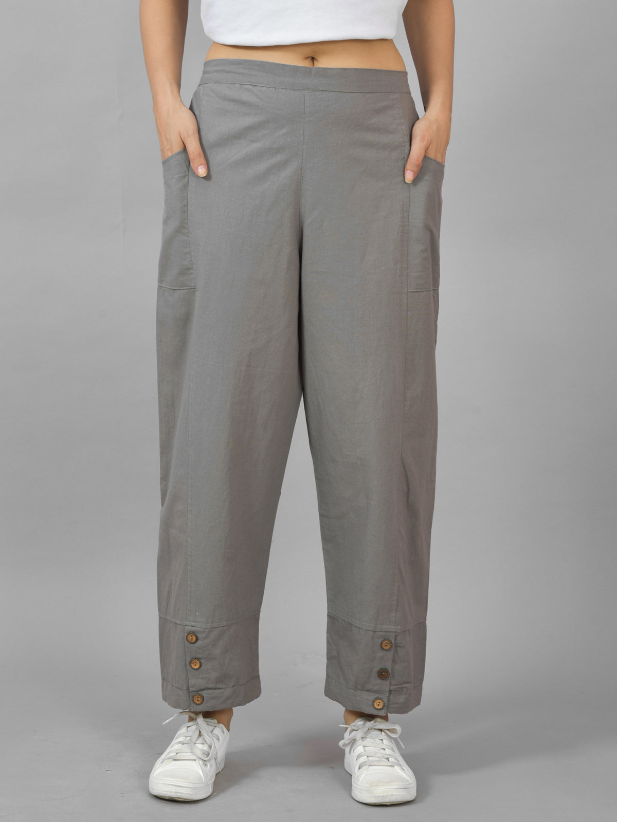 Combo Pack Of Womens Grey And Melange Grey Side Pocket Straight Cargo Pants
