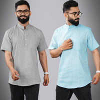 Pack Of 2 Mens Regular Fit Grey And Sky Blue Half Sleeve Cotton Short Kurta Combo