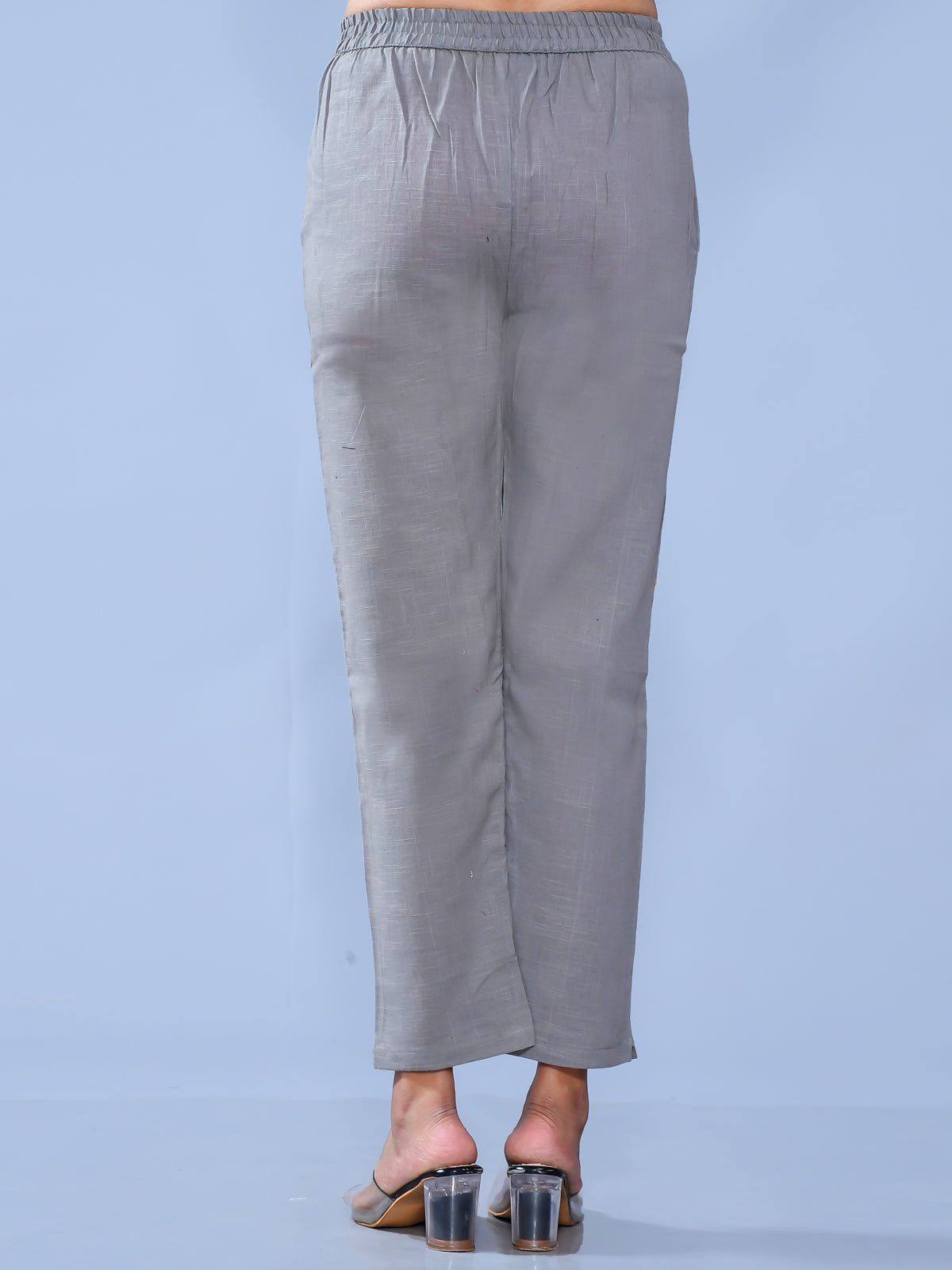 Pack Of 2 Womens Regular Fit Grey And White Cotton Slub Belt Pant Combo