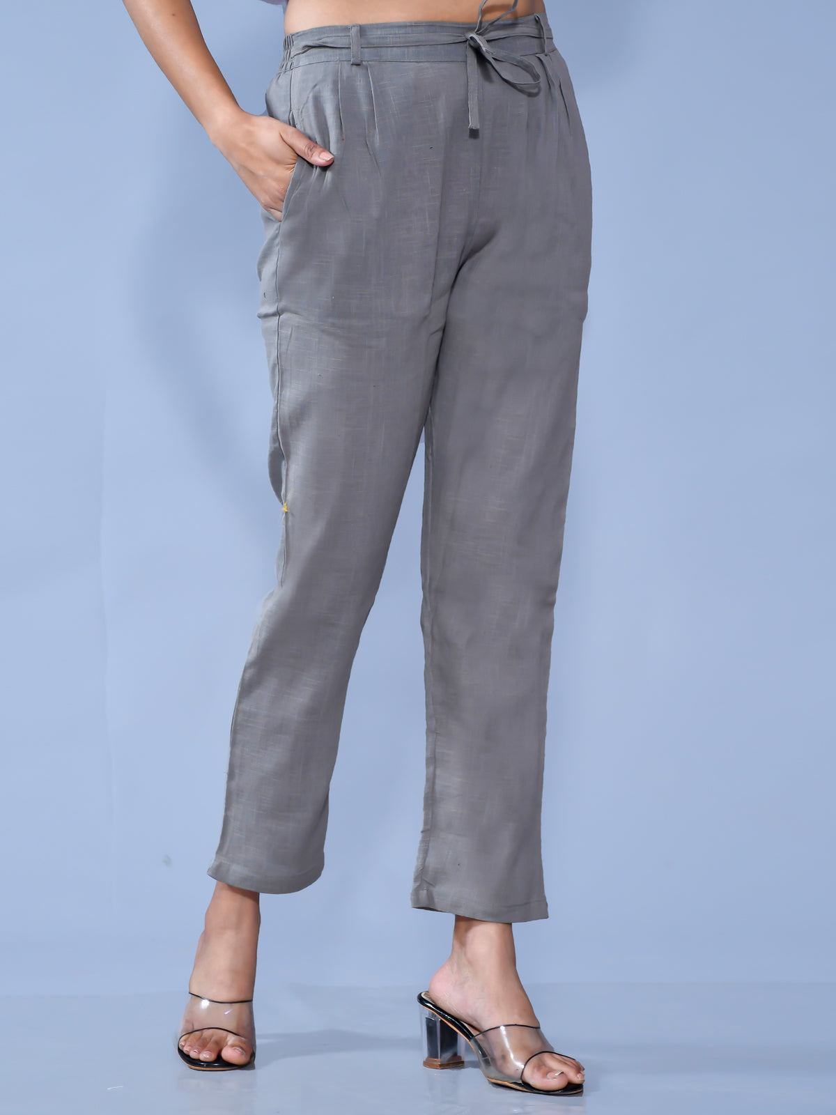 Women Regular Fit Grey Cotton Slub Trouser