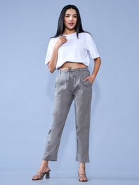 Pack Of 2 Womens Regular Fit Grey And White Cotton Slub Belt Pant Combo